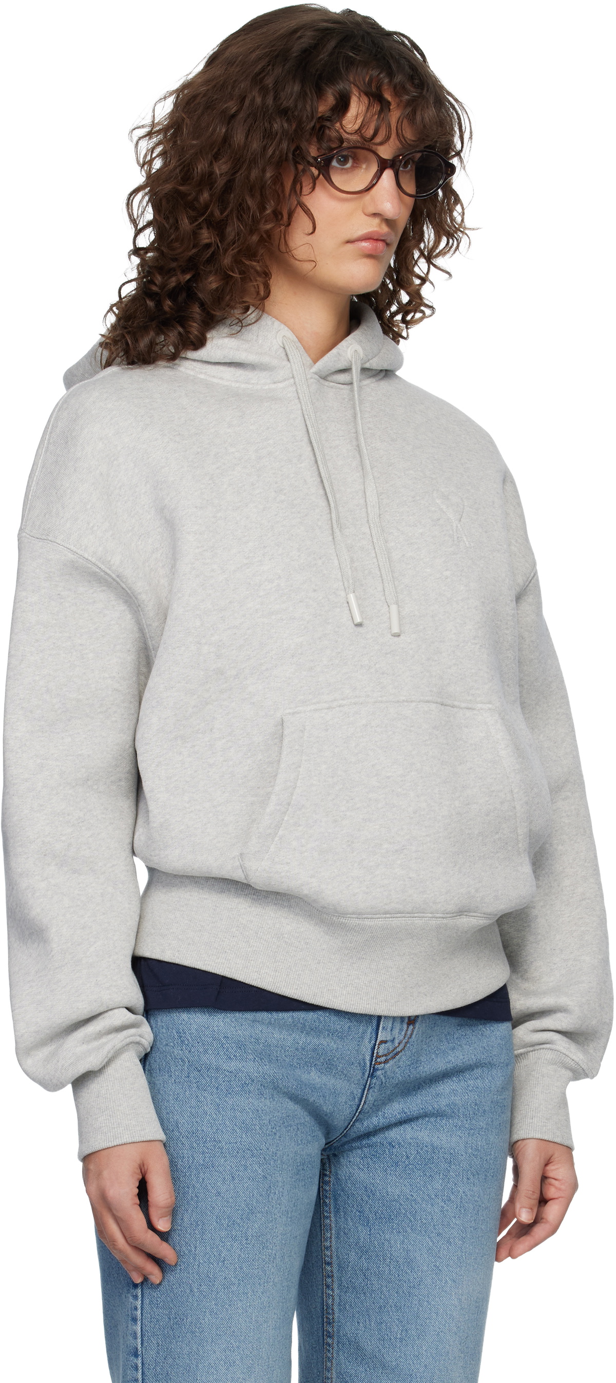 AMI Paris Gray Cotton Embossed Ami de Coeur Hoodie