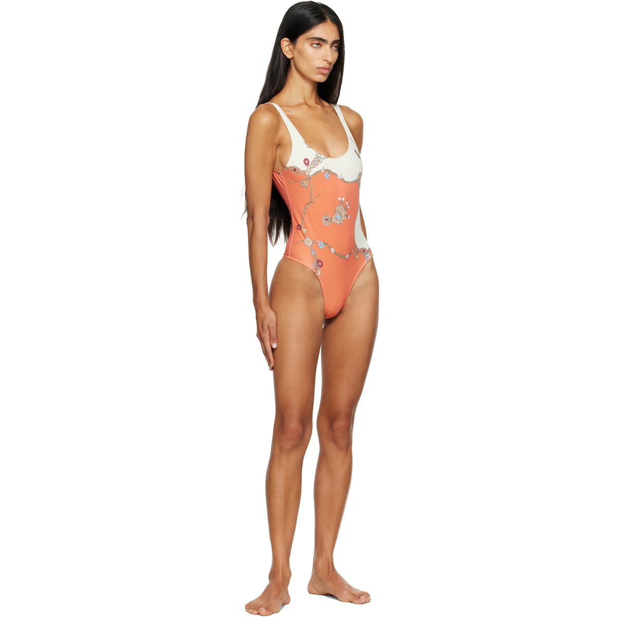 Versace Orange & White Printed One-Piece Swimsuit