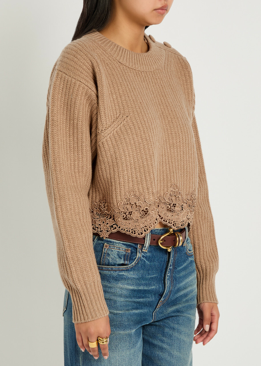 Chloe Lace-trim Wool and Cashmere-blend Jumper Brown