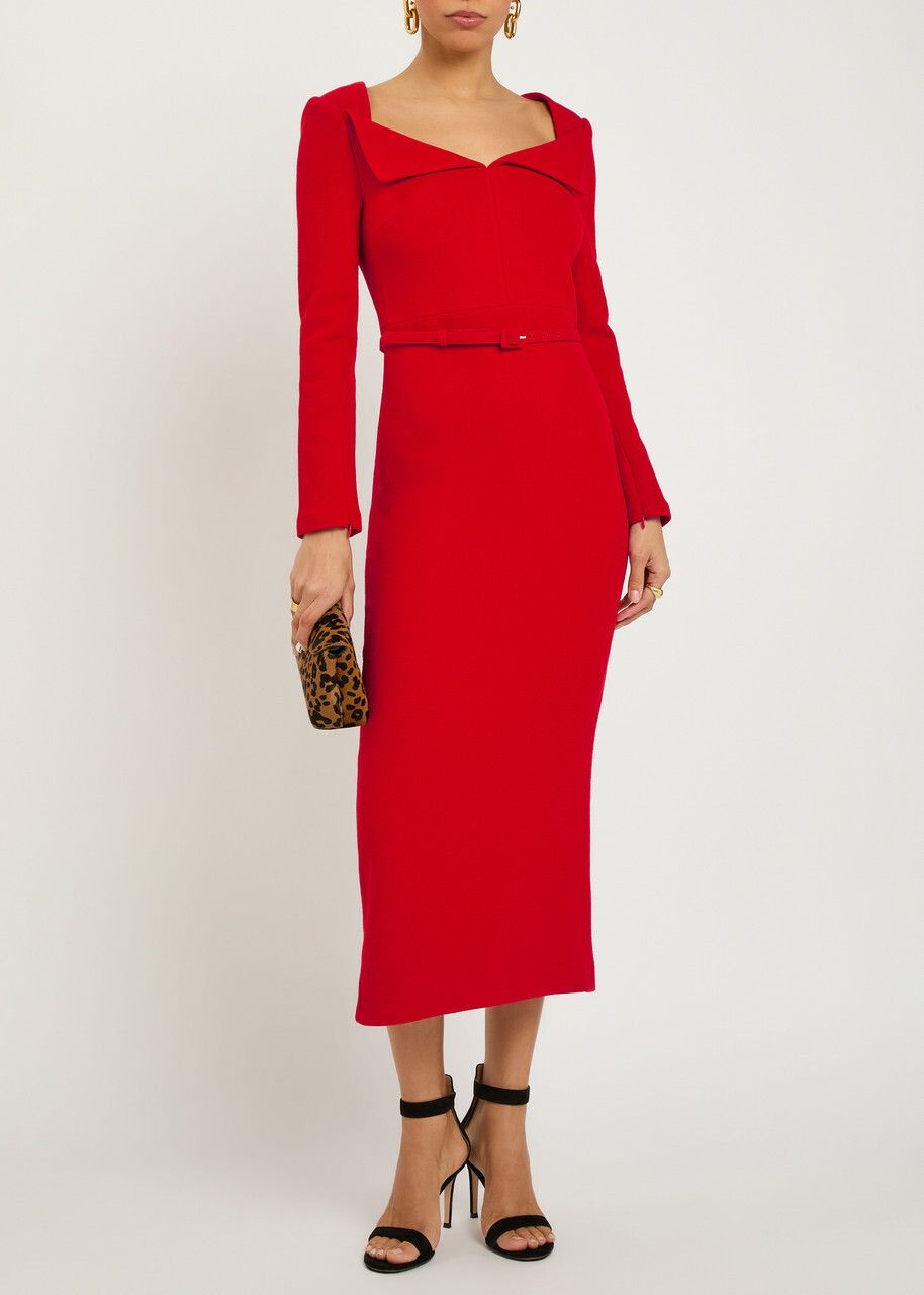 Roland Mouret Belted Wool Midi Dress Red