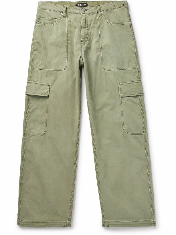Photo: CHERRY LA - Wide-Leg Cotton-Twill Cargo Trousers - Green