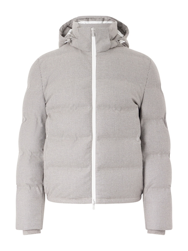 Photo: Brunello Cucinelli - Quilted Herringbone Cashmere and Silk-Blend Hooded Down Jacket - Gray