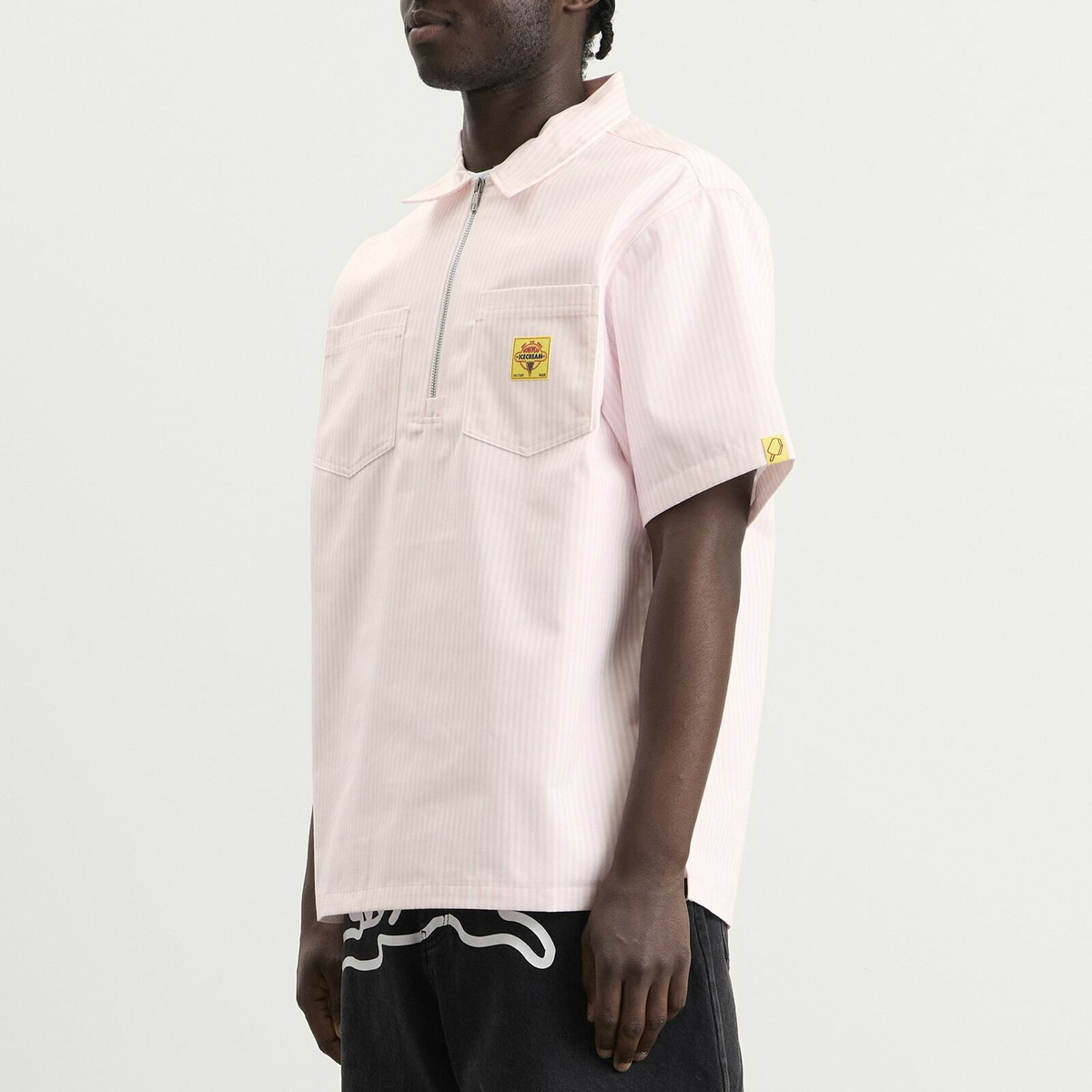 ICECREAM Men's Waitress Quarter Zip Work Shirt in Pink Stripe