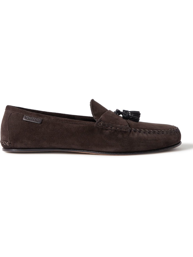 Photo: TOM FORD - Berwick Tasselled Leather-Trimmed Suede Slippers - Brown