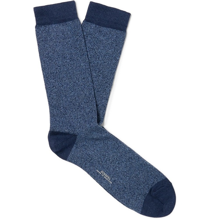 Photo: Sunspel - Mélange Organic Cotton-Blend Socks - Men - Blue