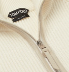 TOM FORD - Slim-Fit Leather-Trimmed Ribbed Merino Wool and Cashmere-Blend Half-Zip Sweater - Neutrals