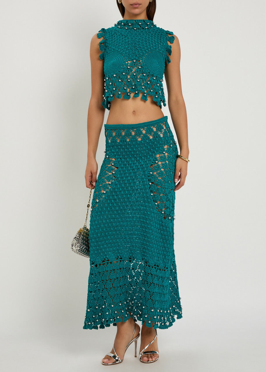 Rabanne Bead-embellished Crochet Cotton Cardigan Green