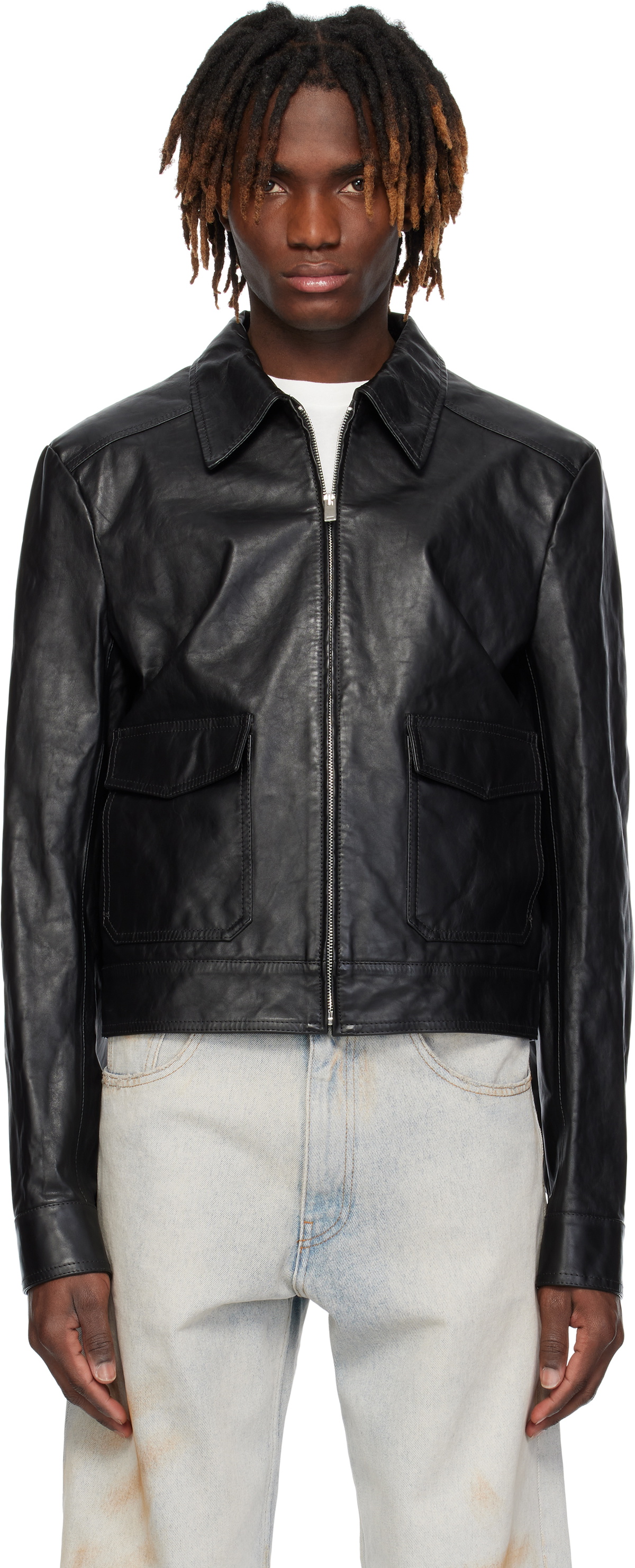 MM6 Maison Margiela Black Creased Leather Jacket MM6 Maison