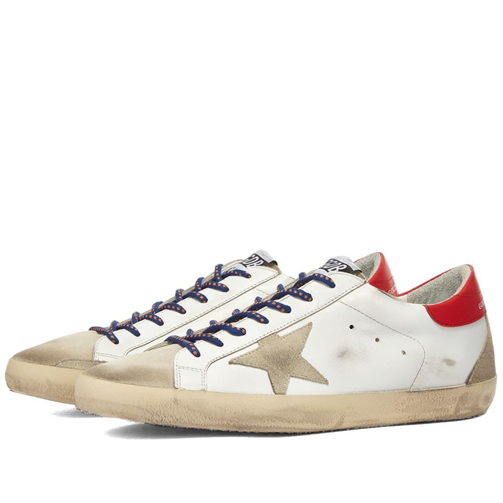 Photo: Golden Goose Men's Super-Star Leather Metal Logo Sneakers in White/Ice/Seedpearl/Red