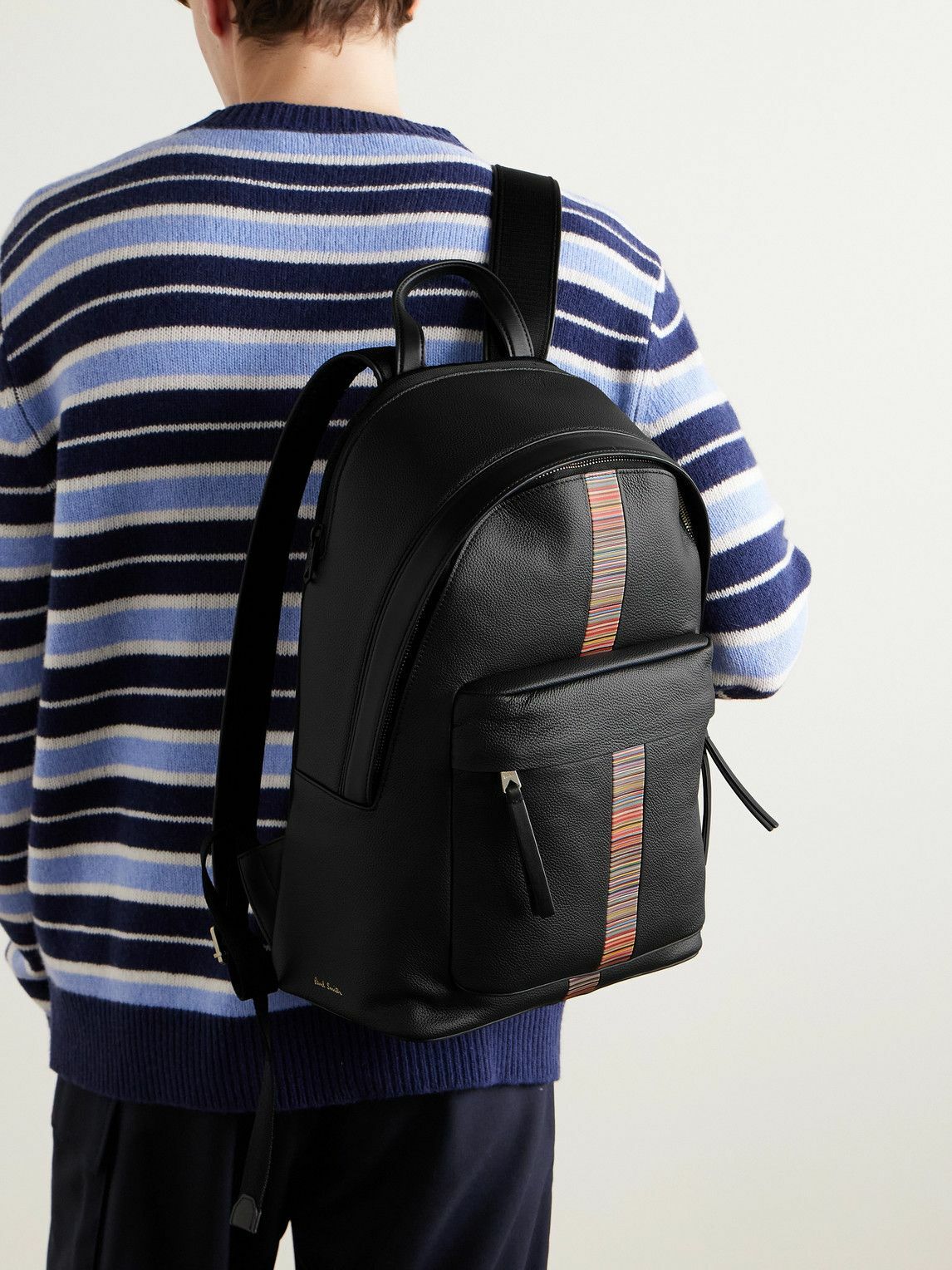Paul Smith - Mesh-Panelled Striped Full-Grain Leather Backpack