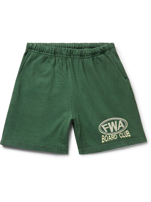 Photo: FRIENDS WITH ANIMALS - Straight-Leg Embroidered Cotton-Jersey Shorts - Green