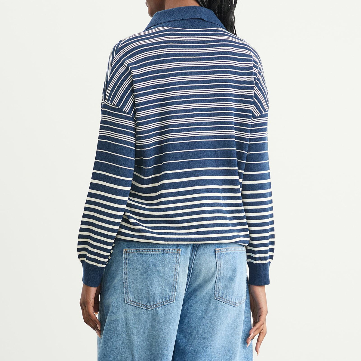 Faithfull The Brand Women's Harlow Oversized Polo Top in Scandi Stripe Navy Cream
