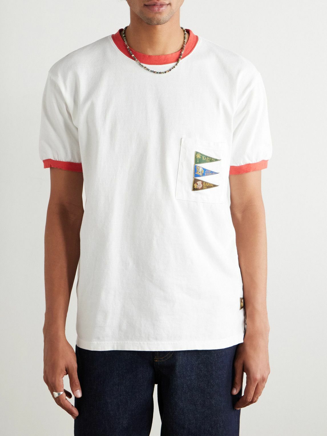 KAPITAL - Pennant Ringer Logo-Appliquéd Cotton-Jersey T-Shirt - White