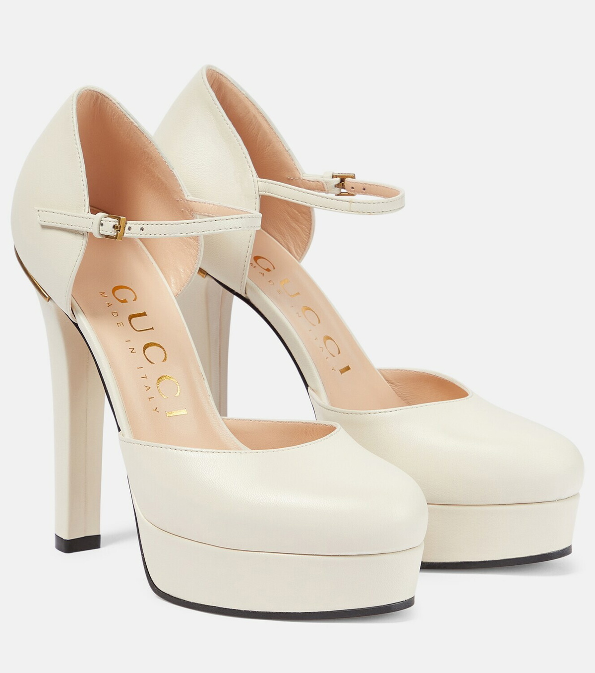 White leather clearance platform pumps