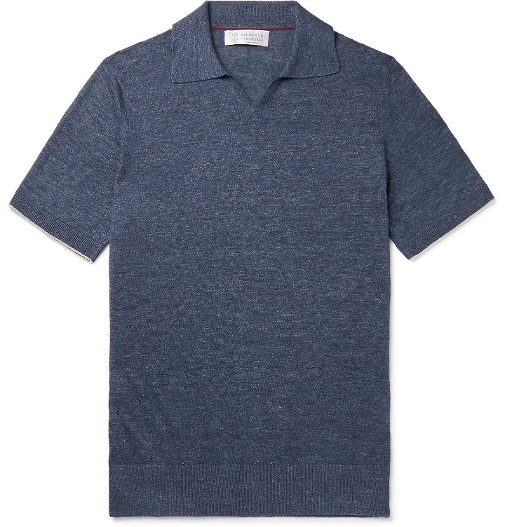 Photo: Brunello Cucinelli - Mélange Linen and Cotton-Blend Polo Shirt - Blue