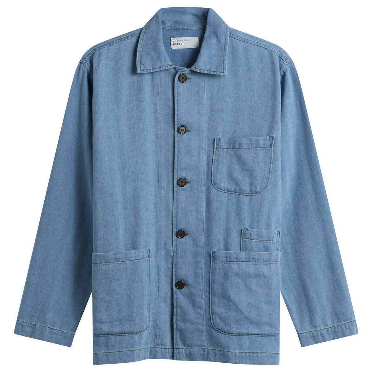 Universal Works Men's Herringbone Bakers Overshirt in Washed Indigo