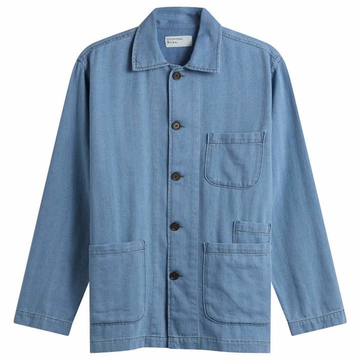Photo: Universal Works Men's Herringbone Bakers Overshirt in Washed Indigo