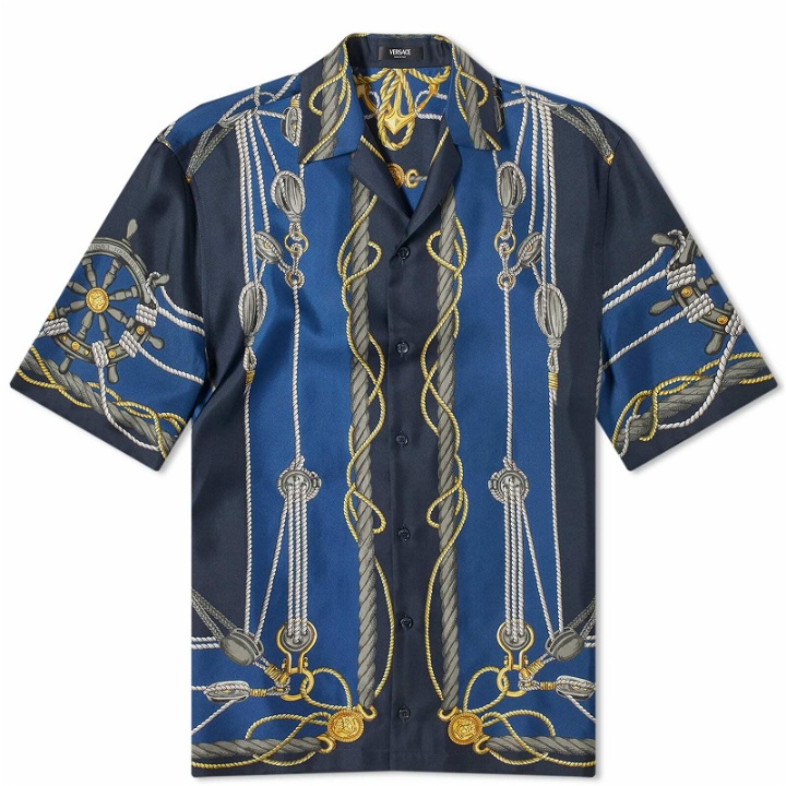 Photo: Versace Men's Nautical Print Silk Vacation Shirt in Blue/Gold
