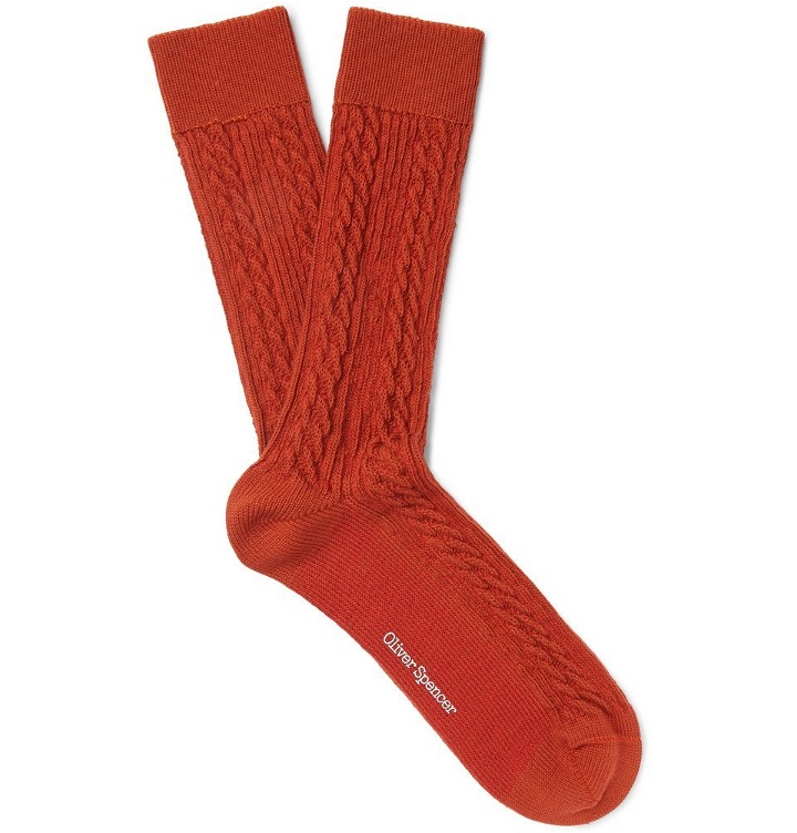 Photo: Oliver Spencer Loungewear - Miller Cable-Knit Stretch Cotton-Blend Socks - Orange
