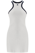 Courrèges White Cotton Mini Dress With Navy Blue Details And Halter Neck