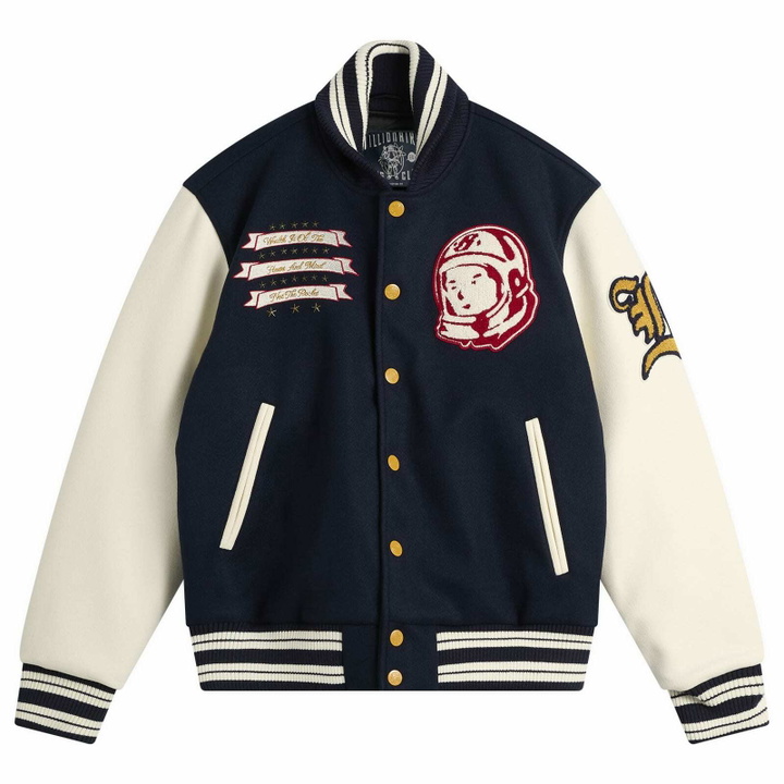 Photo: Billionaire Boys Club Men's Fanfare Script Logo Varsity Jacket in Navy/Cream