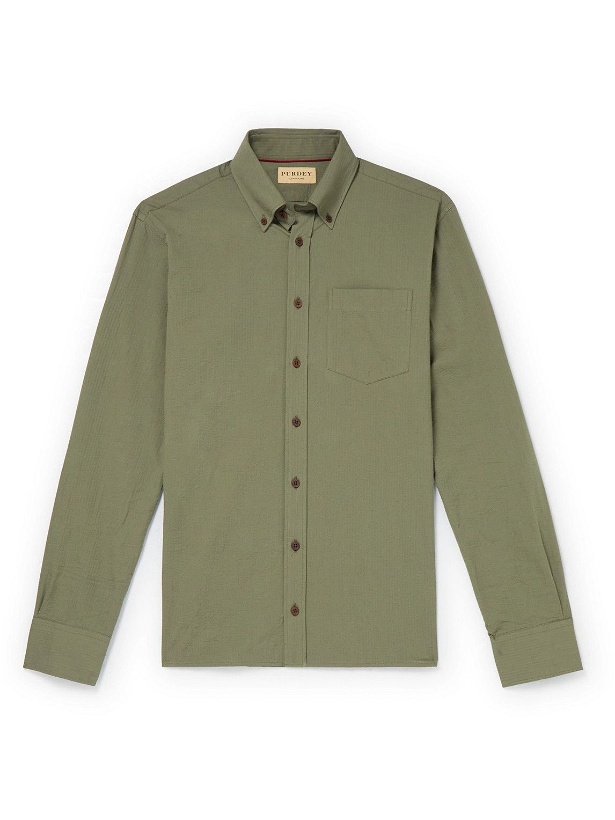 Photo: Purdey - Button-Down Collar Organic Cotton-Seersucker Shirt - Green