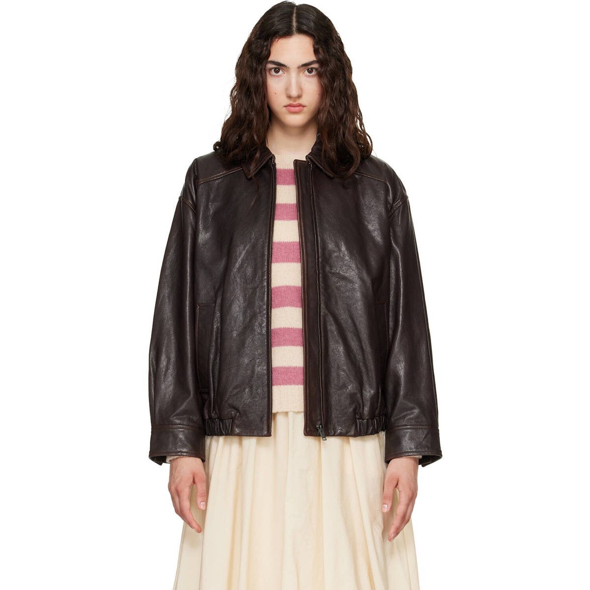 Weekend Max Mara Brown Cose Leather Bomber Jacket