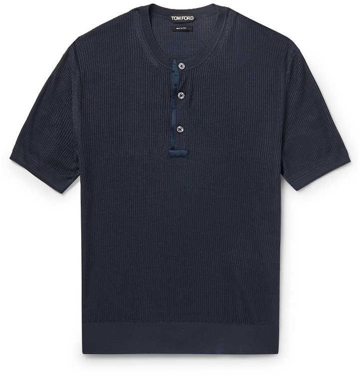 Photo: TOM FORD - Satin-Trimmed Ribbed Silk Henley T-Shirt - Blue