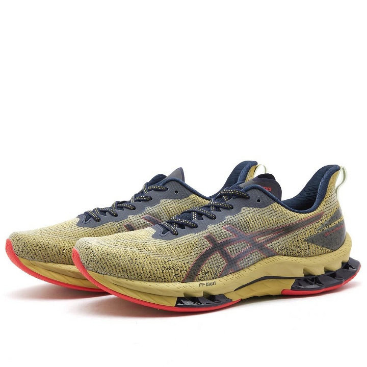 Photo: Asics Men's Kinsei Blast LE 2 Sneakers in Olive Oil/Electric Red