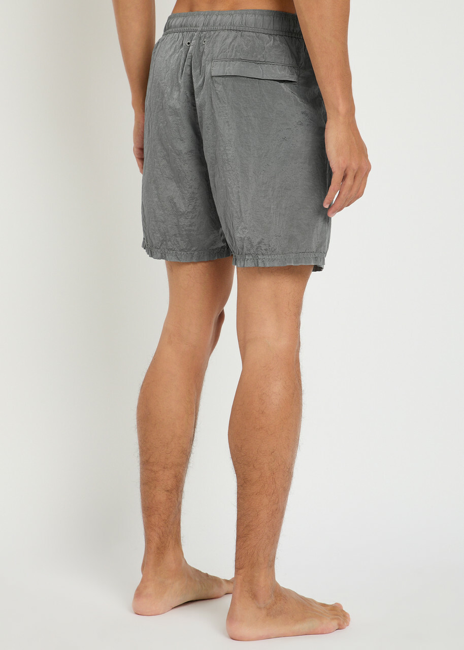 Stone Island Logo Crinkled Nylon Swim Shorts Grey