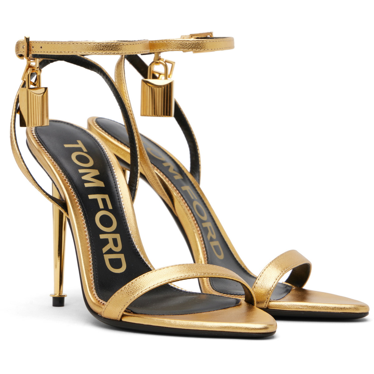 TOM FORD Gold Laminated Padlock Pointy Naked Heeled Sandals