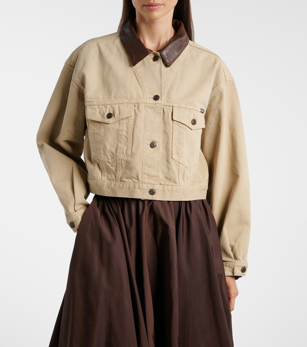 Prada Leather-trimmed cropped denim jacket