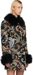 Anna Sui Black Tapestery Faux-Fur Jacket