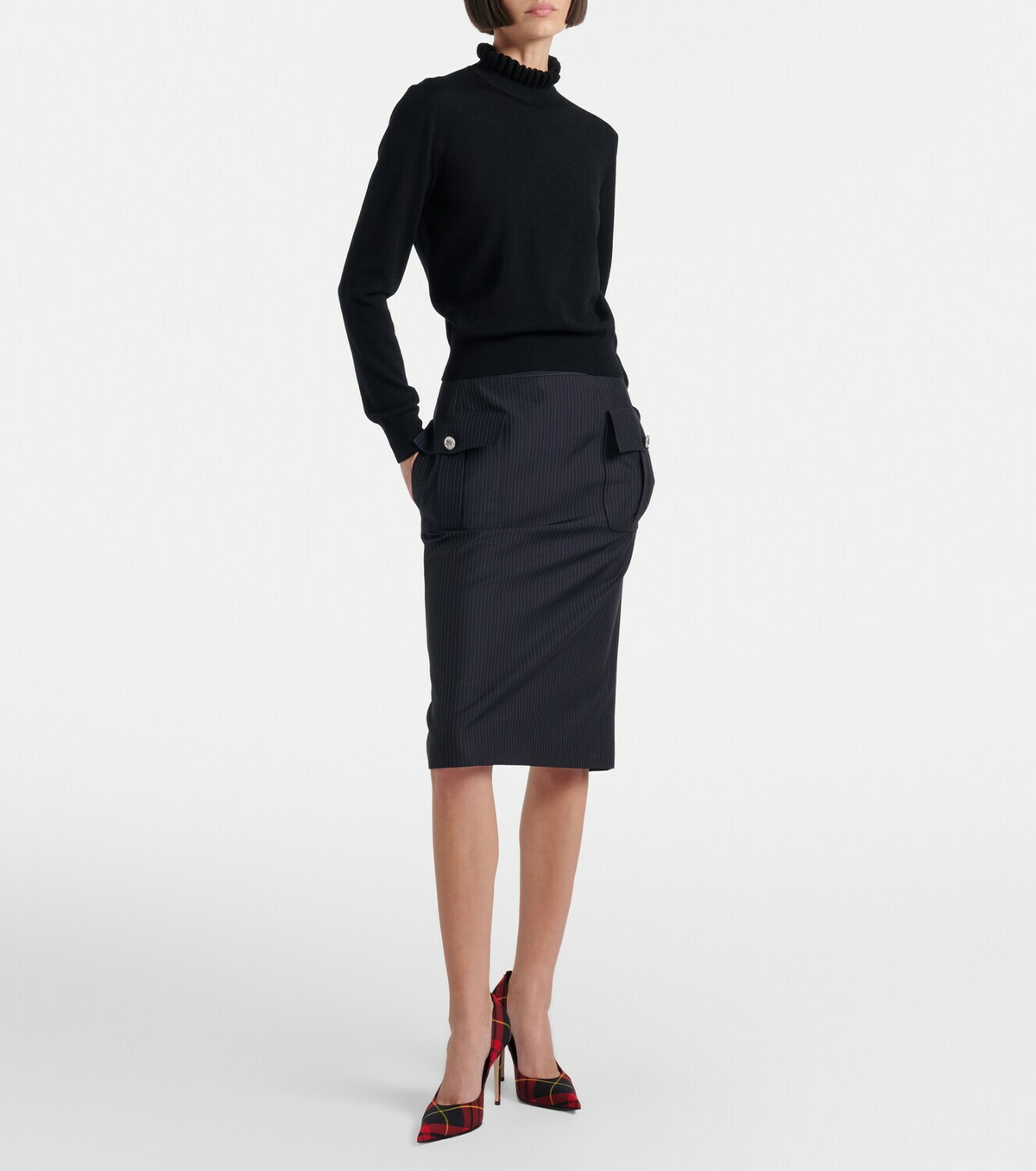 McQueen Chalk stripe wool and mohair pencil skirt