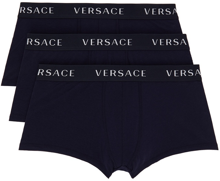 Photo: Versace Underwear Three-Pack Navy Trunk Boxers
