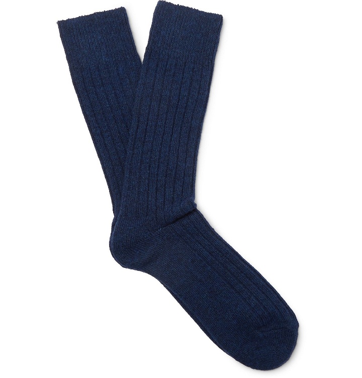 Photo: Anderson & Sheppard - Ribbed Wool-Blend Socks - Blue