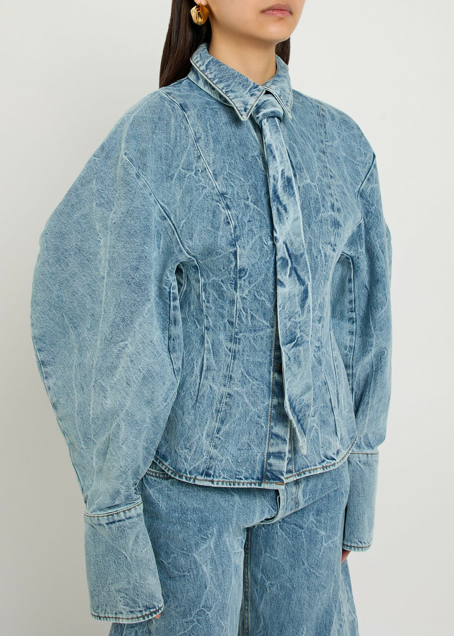 A.W.A.K.E Mode Tie-neck Washed Denim Shirt Indigo