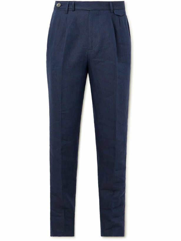 Photo: Brunello Cucinelli - Straight-Leg Pleated Herrngbone Linen Suit Trousers - Blue