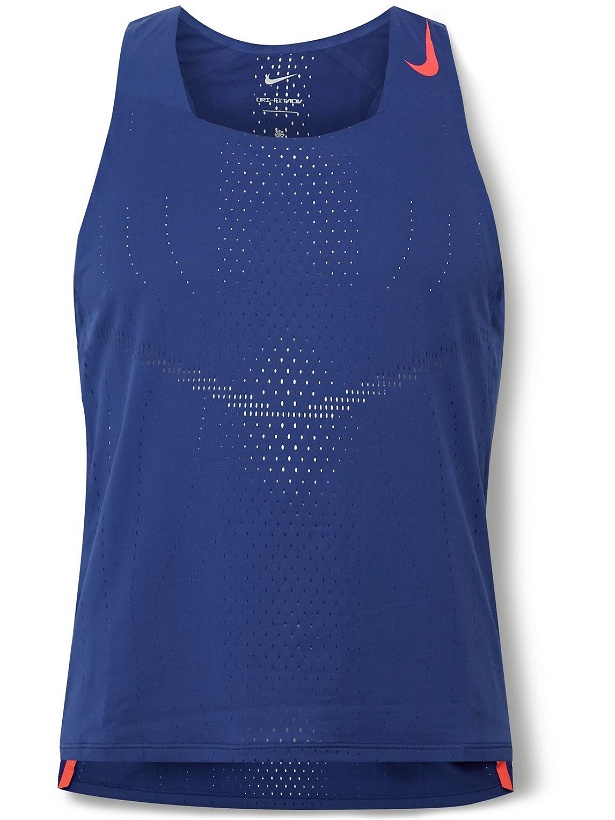 Photo: Nike Running - Aeroswift Logo-Print Perforated Dri-FIT ADV Running Tank Top - Blue