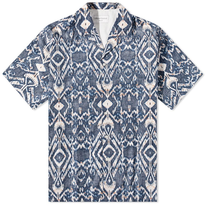 Photo: Officine Generale Men's Officine Générale Eren Short Sleeve IKAT Print Shirt in Navy/Ecru/Orange