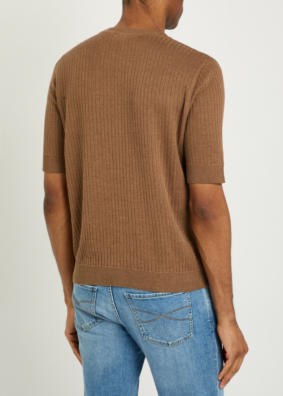 Lardini Ribbed Fine-knit Flax and Cotton-blend T-shirt Brown