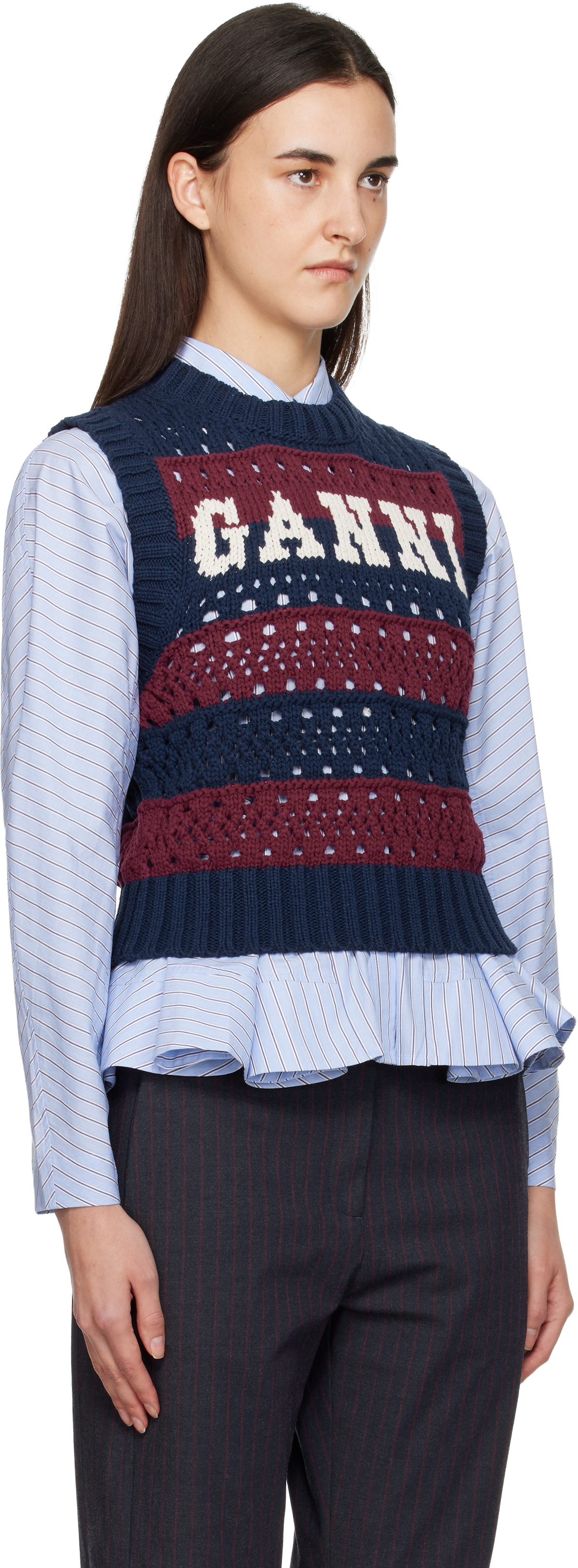 GANNI Navy & Burgundy Cotton Mixed Stripe Vest