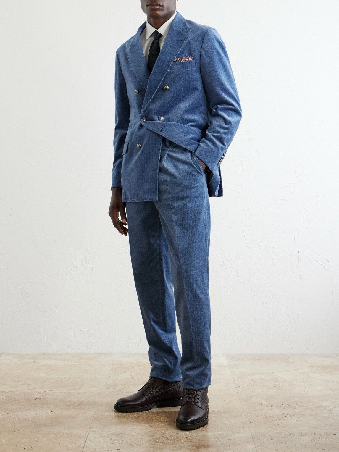 Brunello Cucinelli - Double-Breasted Cotton-Velvet Suit Jacket - Blue