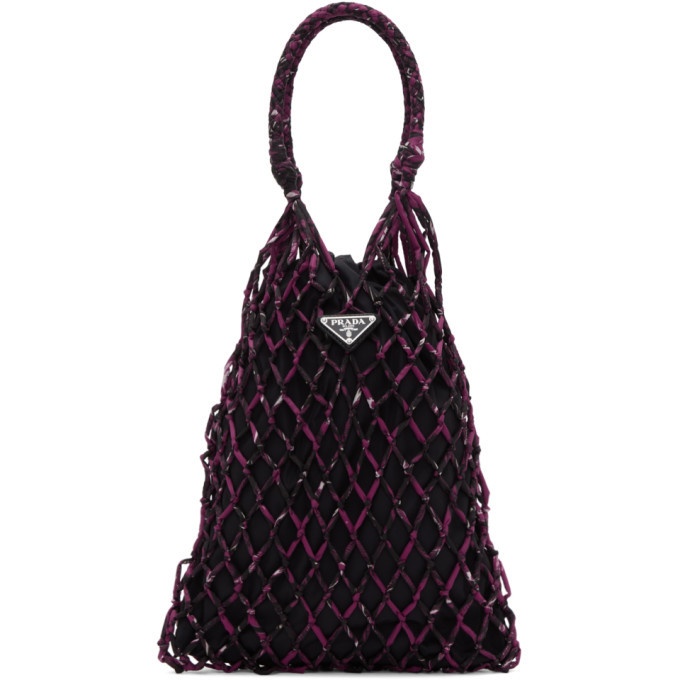 PRADA black leather net woven pink satin triangle logo drawstring