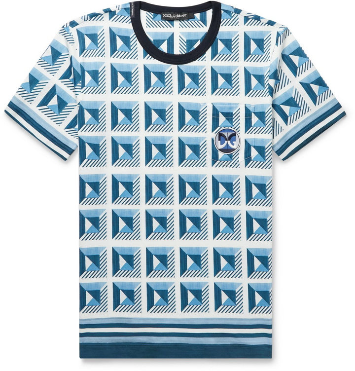 Photo: DOLCE & GABBANA - Slim-Fit Logo-Appliquéd Printed Cotton-Jersey T-Shirt - Blue
