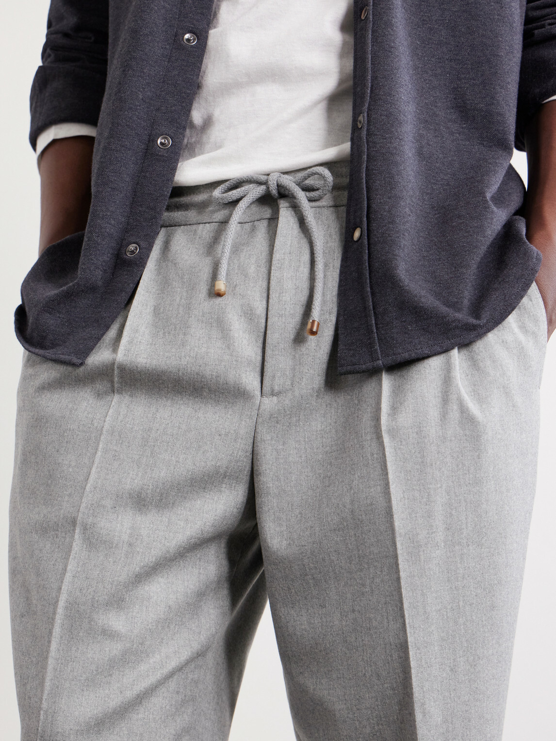 Brunello Cucinelli - Tapered Pleated Virgin Wool-Flannel Drawstring Trousers - Gray