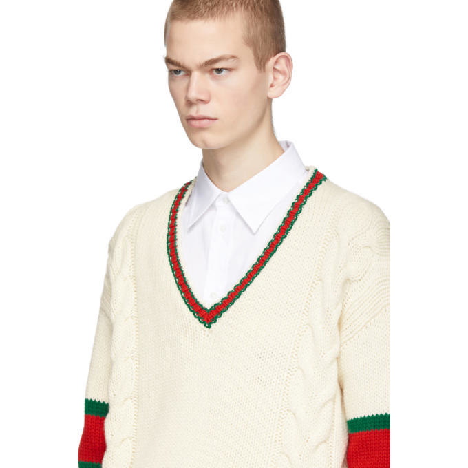 GUCCI Cotton Knit V Neck Sweater W/ Web for Men