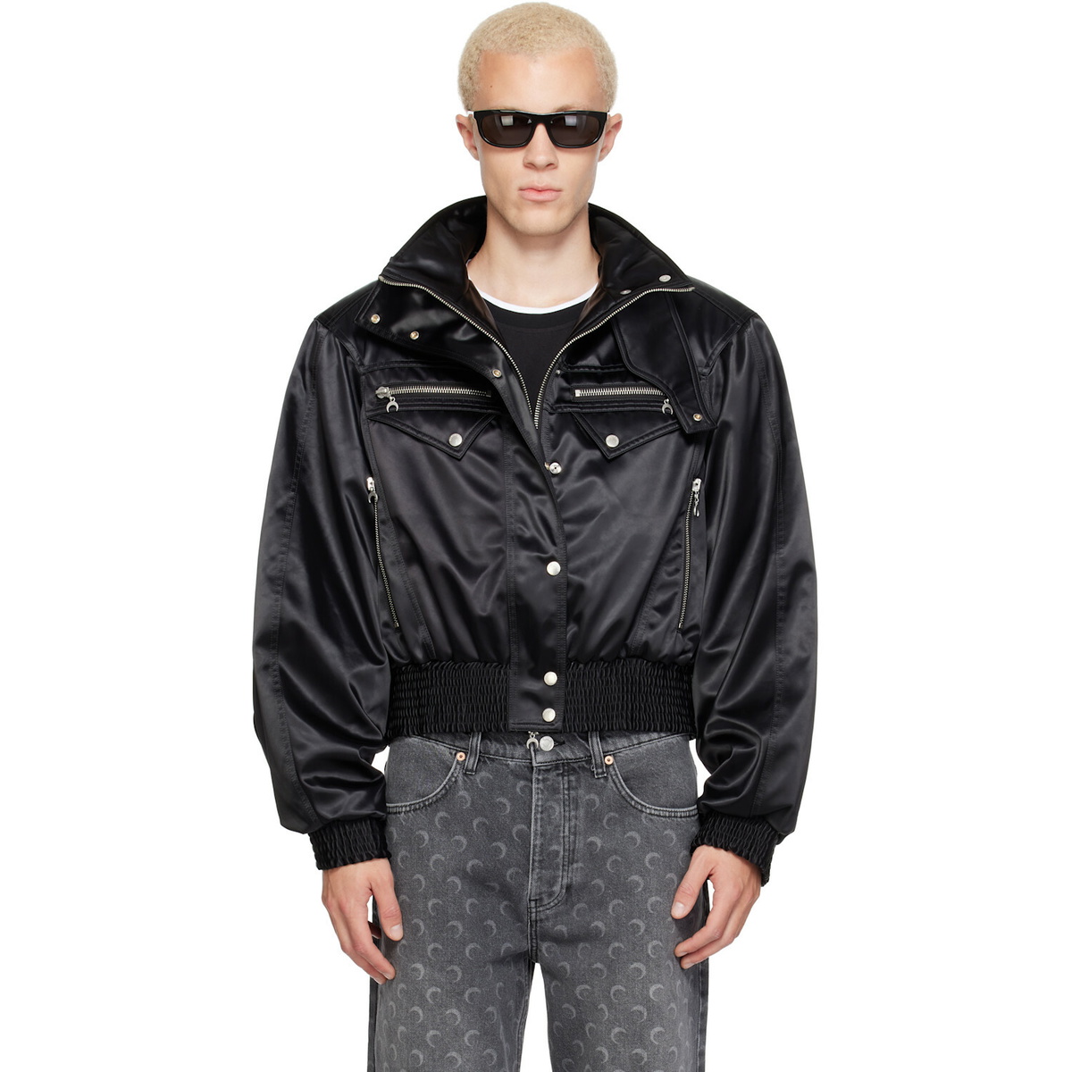 Marine Serre Black Satin Nylon Bomber Jacket