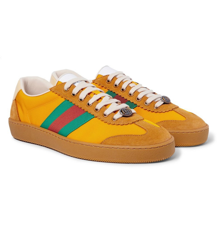 Photo: Gucci - JBG Webbing, Suede and Leather-Trimmed Nylon Sneakers - Men - Saffron