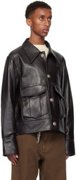NULLUS Black Detachable Faux-Fur Collar Leather Jacket